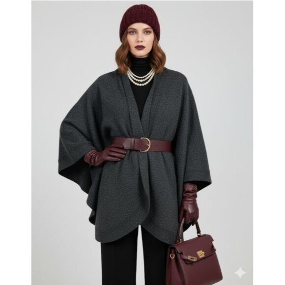 Bloomingdales Italian Wool Blend Poncho In Gray Black With Angora Silk - Picture 1 of 9